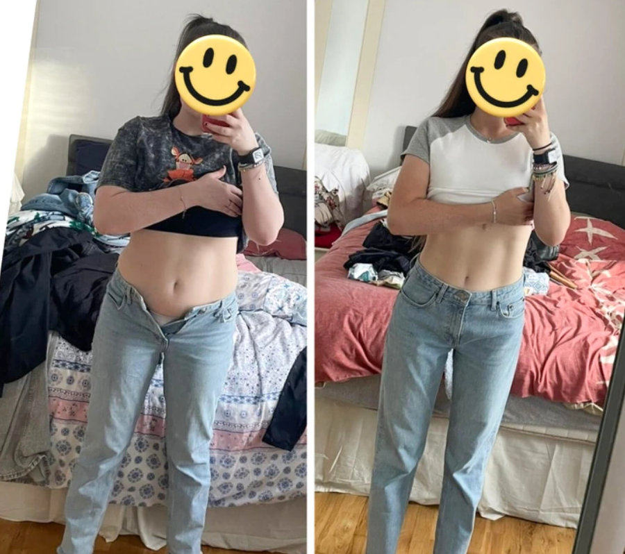 Porovnanie pred a po transformácii: žena ukazuje zmenu postavy v rovnakých džínsach pred zrkadlom.
