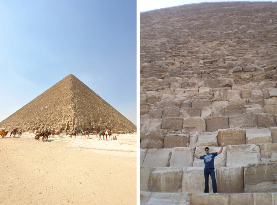 Veľká pyramída v Gíze, snímky z diaľky a zblízka, ukazujúce jej masívne kamenné bloky a turistov.