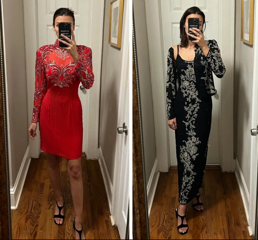 Dámske šaty: vľavo červené s ornamentmi, vpravo čierne s kvetinovým vzorom.