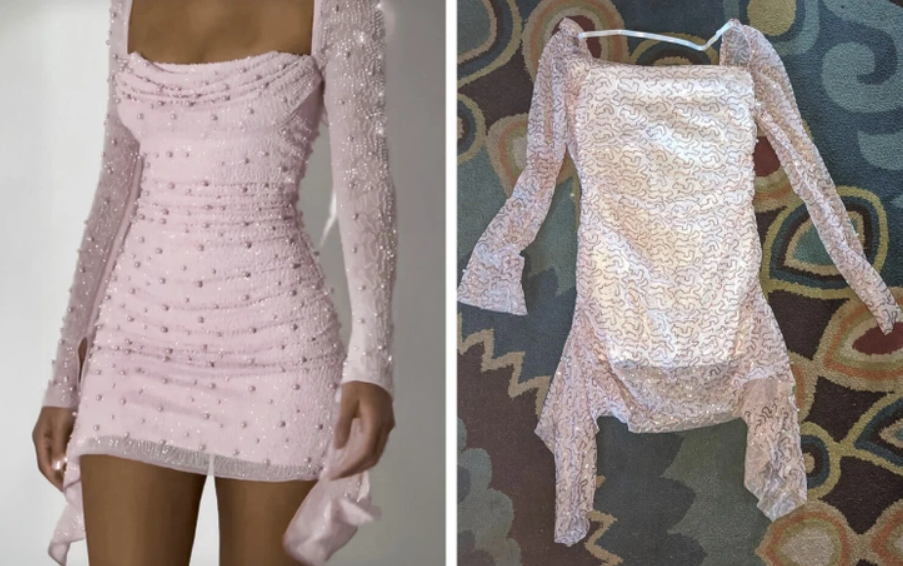 Ružové trblietavé šaty s dlhými rukávmi – očakávanie vs. realita nákupu online.