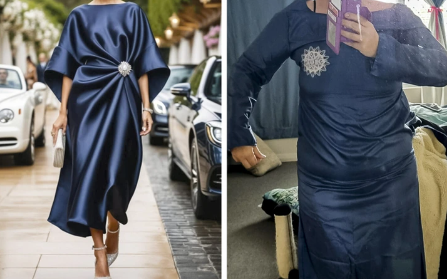 Porovnanie očakávanej a skutočnej modrej večernej róby, oblečené vonku a doma.