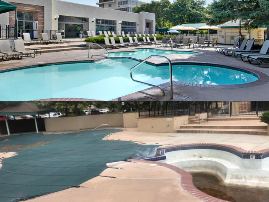 Porovnanie bazéna v lete a zime: hore otvorený s lehátkami, dole zakrytý a prázdny.