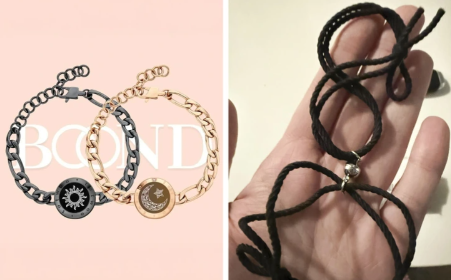 Elegantné náramky vyjadrujúce priateľstvo vedľa bežného šnúrkového náramku, symbolika spojenia a vzťahov.