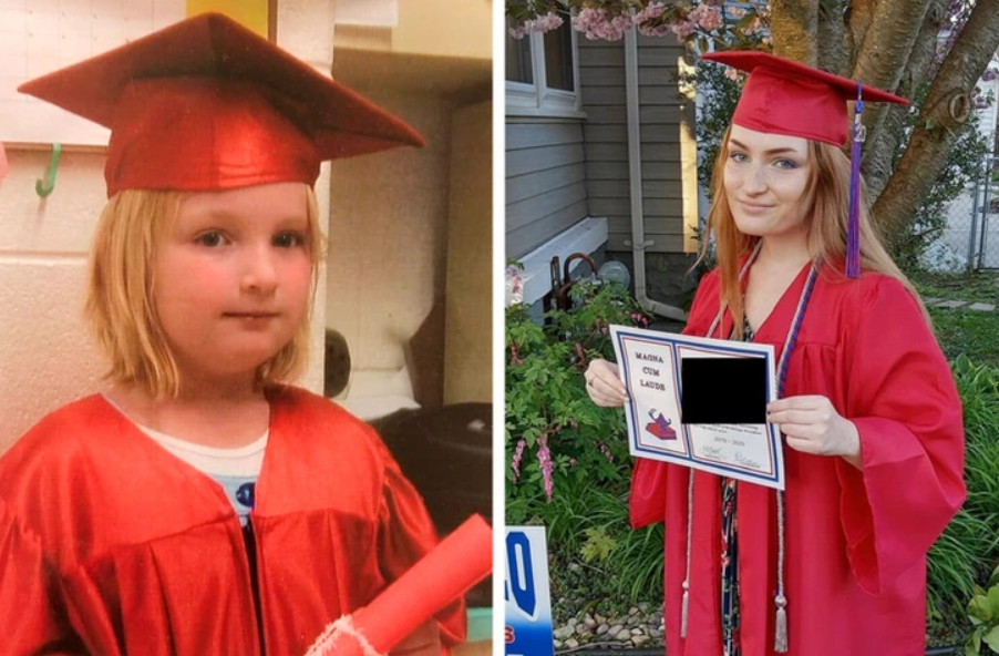 Dve dievčatá v červenom župane a čiapke, jedno s diplomom, symbolizujú úspech od detstva po promóciu.