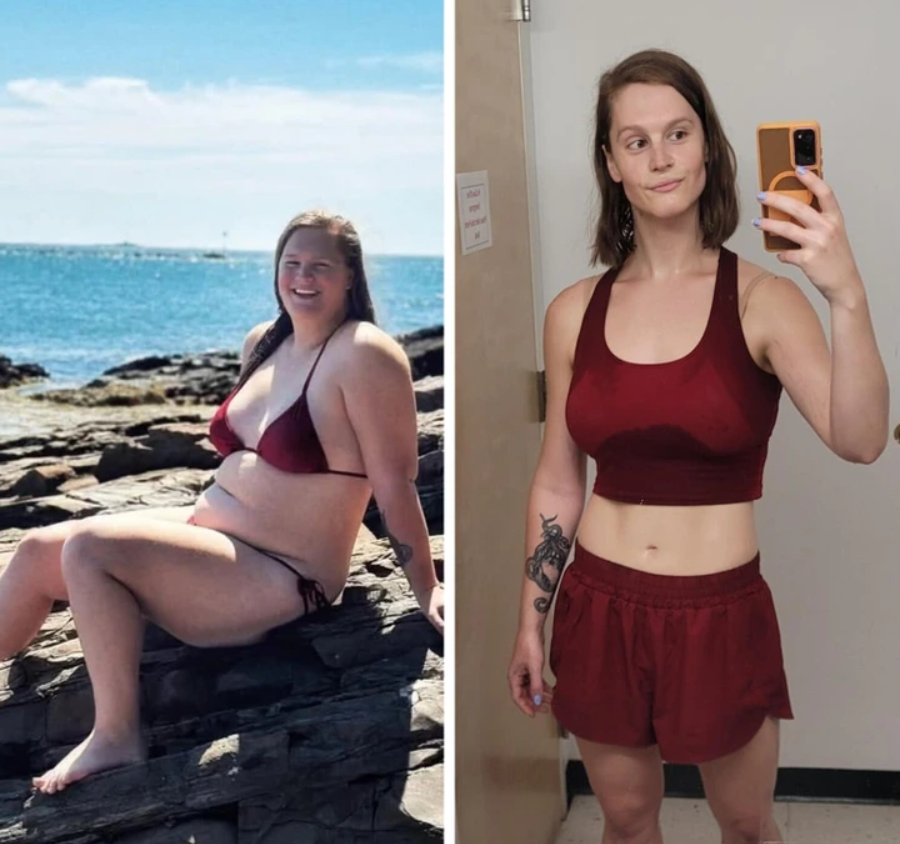 Osoba pred a po transformácii, vonku pri mori a vo fitness oblečení pred zrkadlom.