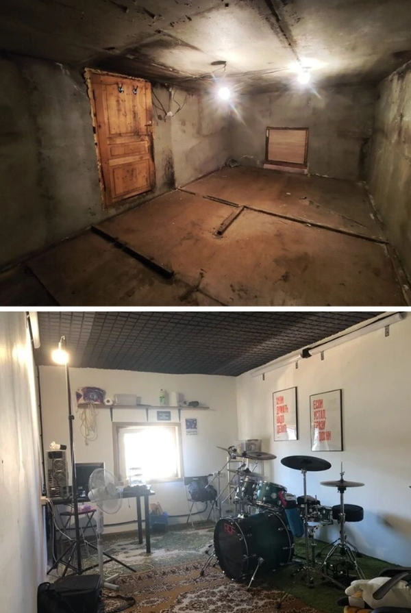 Pivnica sa zmenila na hudobné štúdio s bicími a vybavením, svetlý priestor s umeleckými plagátmi na stenách.