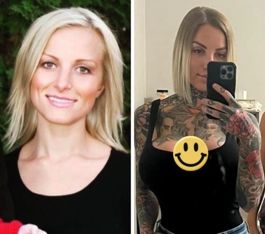 Osoba pred a po transformácii: zmena účesu a rozsiahle tetovania.