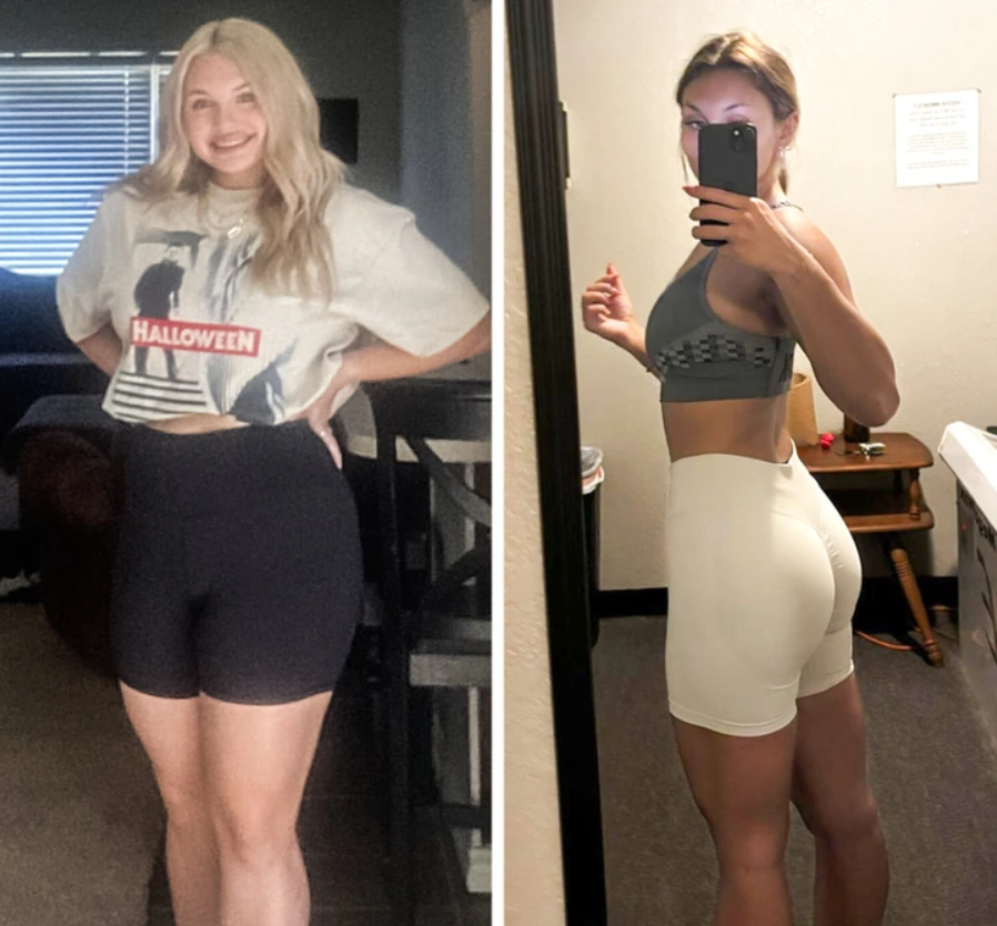 Dve ženy v športových oblečeniach, ukazujúce výsledky premeny pred a po pravidelnom cvičení.