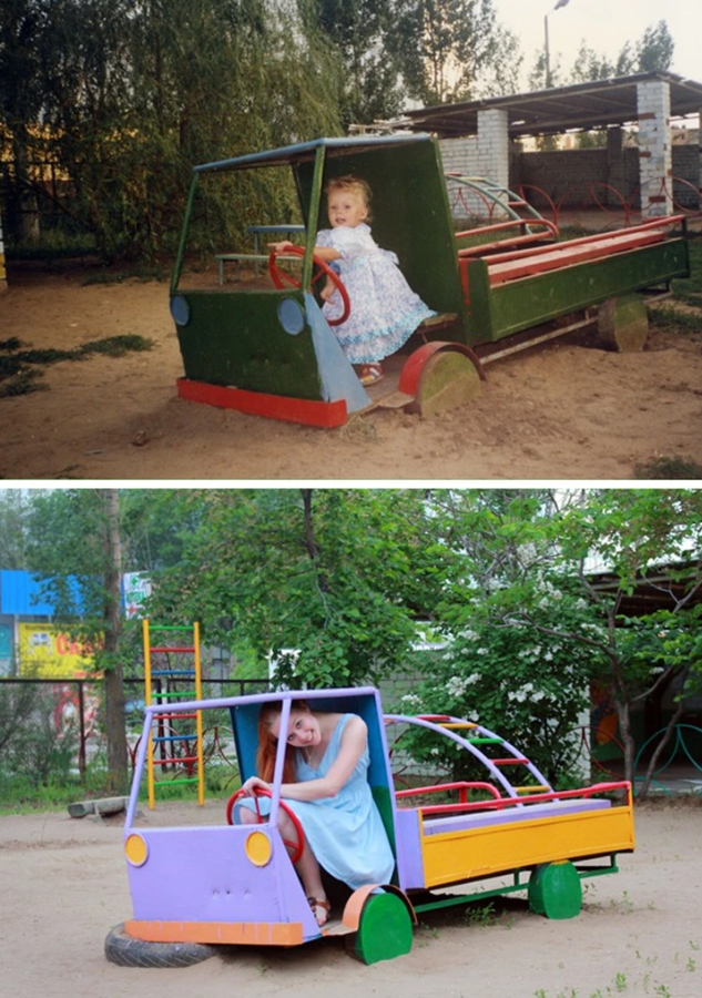 Dievča sedí v drevenom autíčku na detskom ihrisku, desaťročia rozdielu medzi dvoma fotografiami.