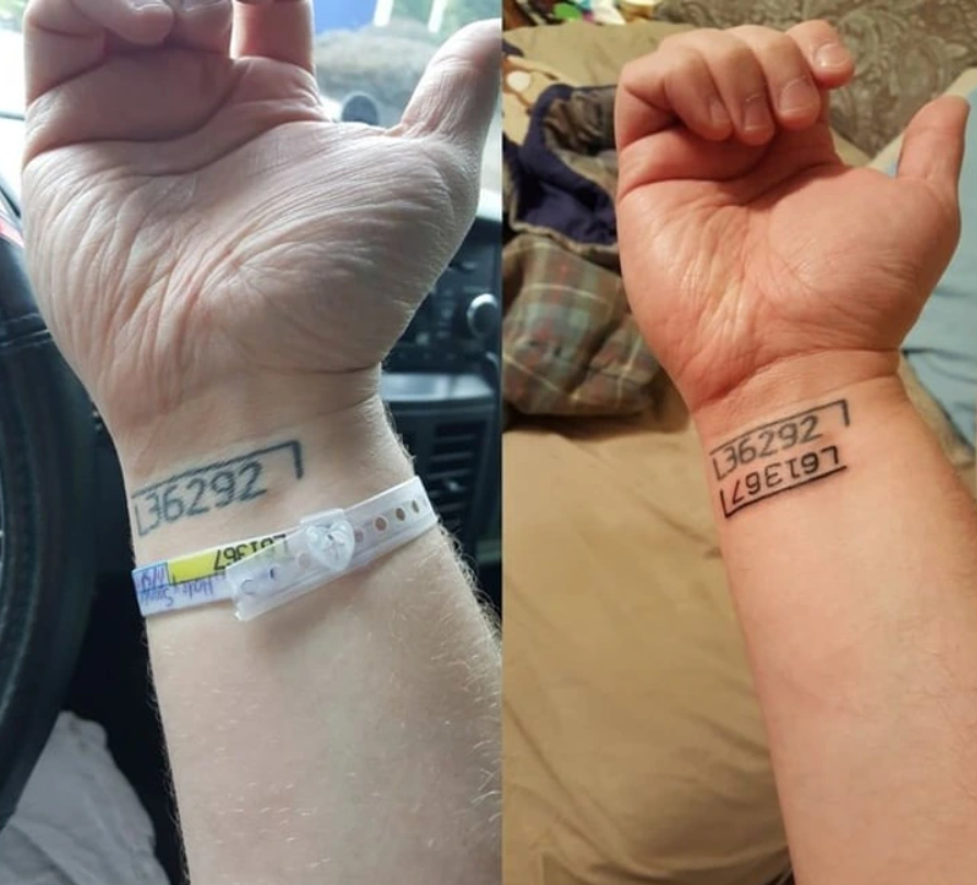 Osoba s tetovaním čísla na zápästí, jedno zrkadlovo otočené; detailný pohľad na ruky v aute a na posteli.