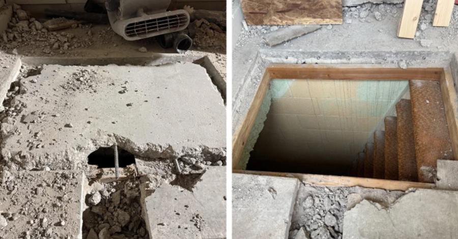 Rozbitá podlaha s odhaleným schodiskom do tajnej pivnice v rekonštruovanom dome.