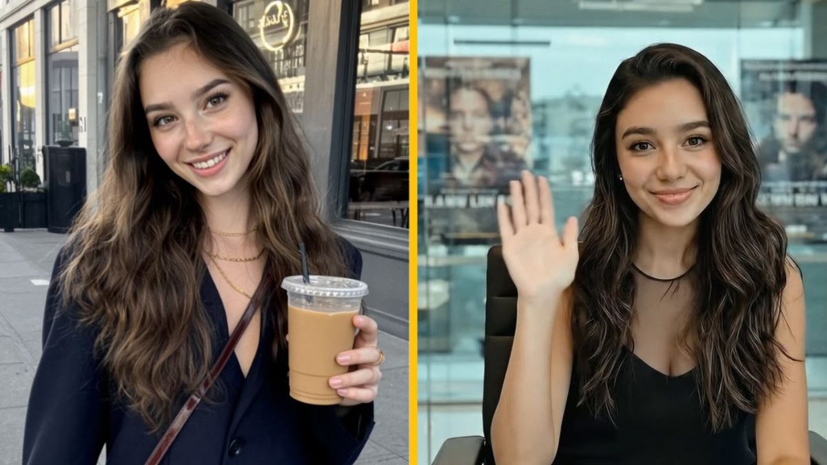 Ospravedlňujem sa, neviem identifikovať osoby na obrázku. Popis: Mladá žena s kávou vonku, ďalšia žena kýva v interiéri.