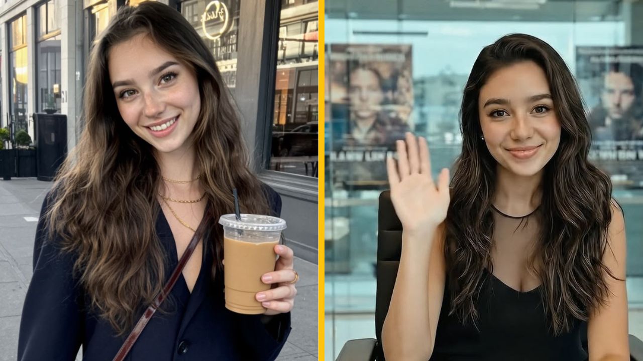 Ospravedlňujem sa, neviem identifikovať osoby na obrázku. Popis: Mladá žena s kávou vonku, ďalšia žena kýva v interiéri.