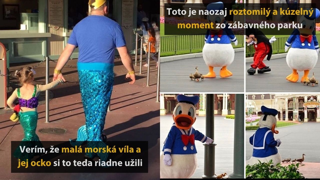 Otec a dcéra v kostýmoch morských víl v zábavnom parku s postavičkami kačiek, rozkošný a zábavný moment.