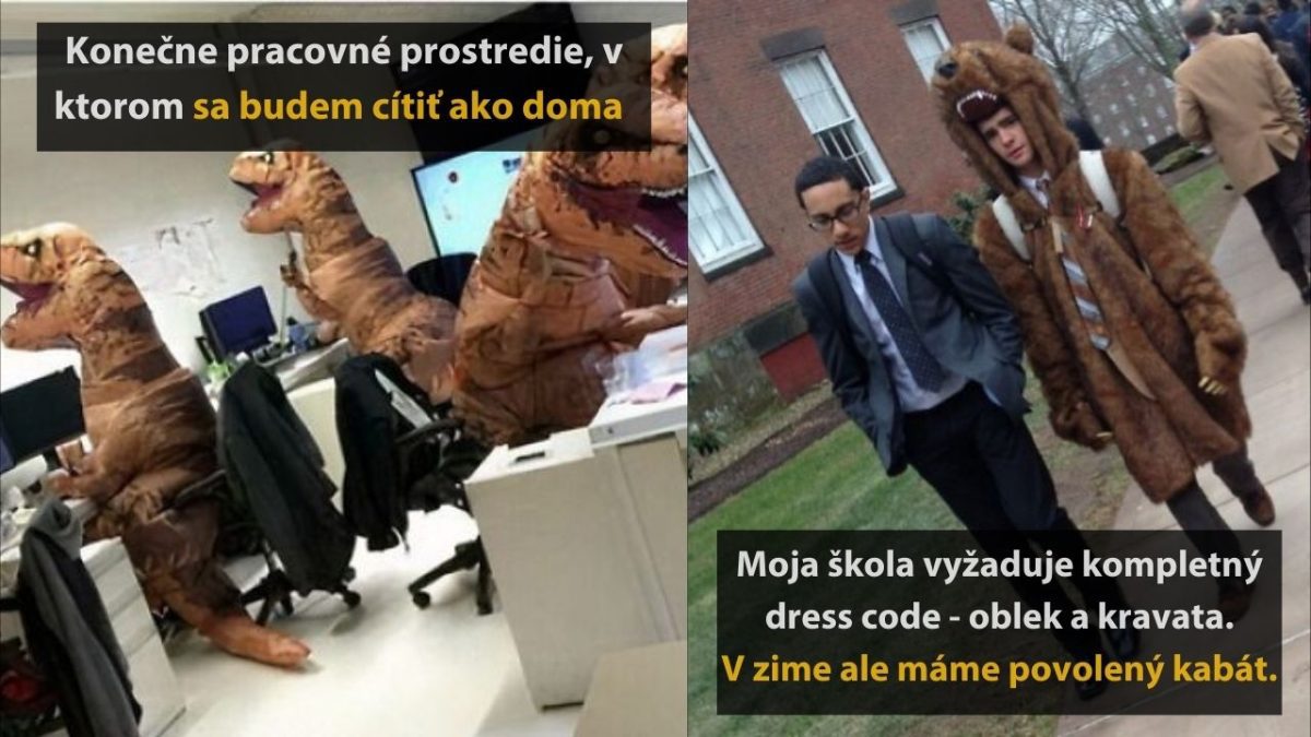 Pracovné prostredie s dino kostýmami a školské obleky s medveďou bundou – kreatívny dress code.