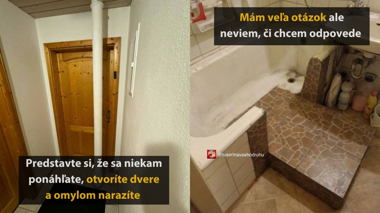 Stĺp pred dverami zamedzuje vstupu; nevhodný dizajn interiéru kúpeľne.