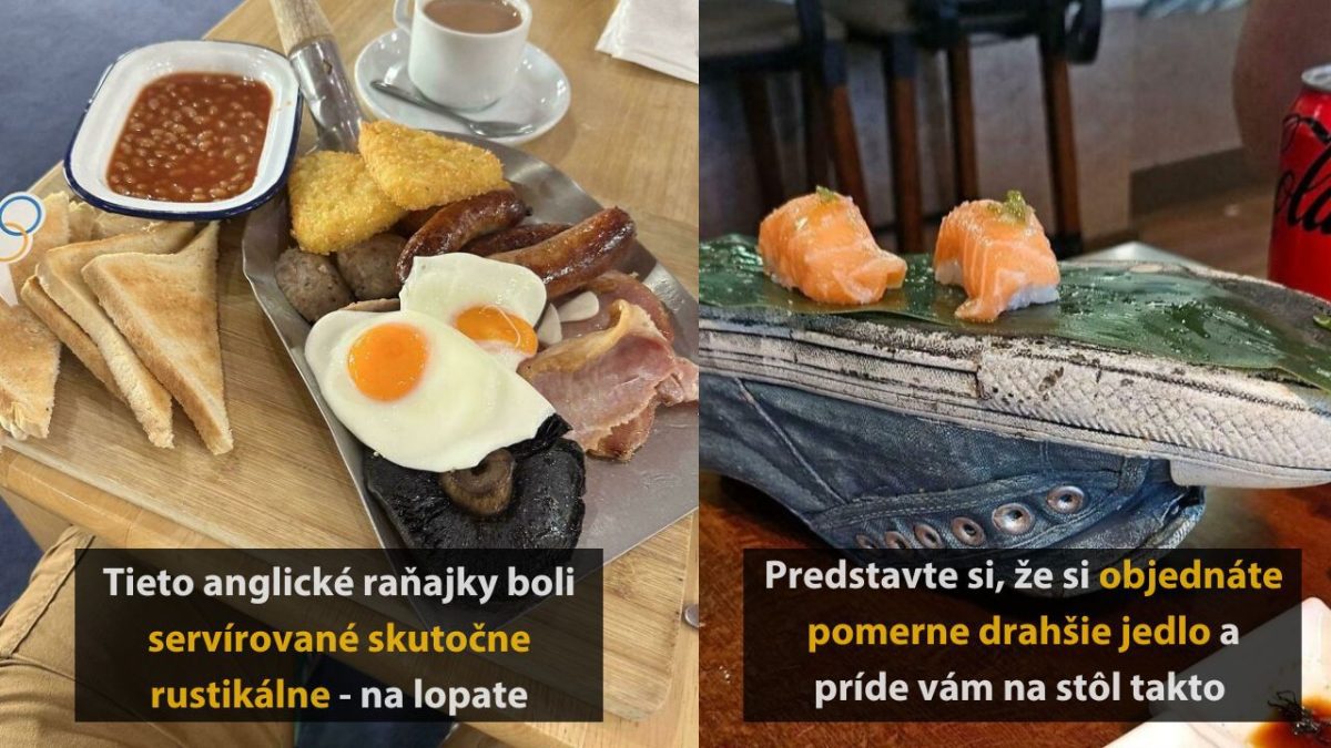 Raňajky s anglickými špecialitami na lopate a losos na podrážke topánky v reštaurácii.