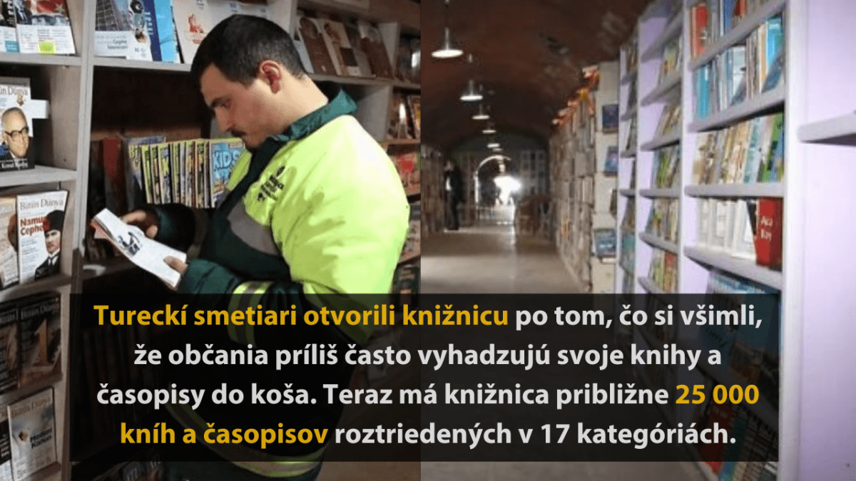 Muž v knižnici číta knihu, police plné knih a časopisov. Tureckí smetiari otvorili verejnú knižnicu.