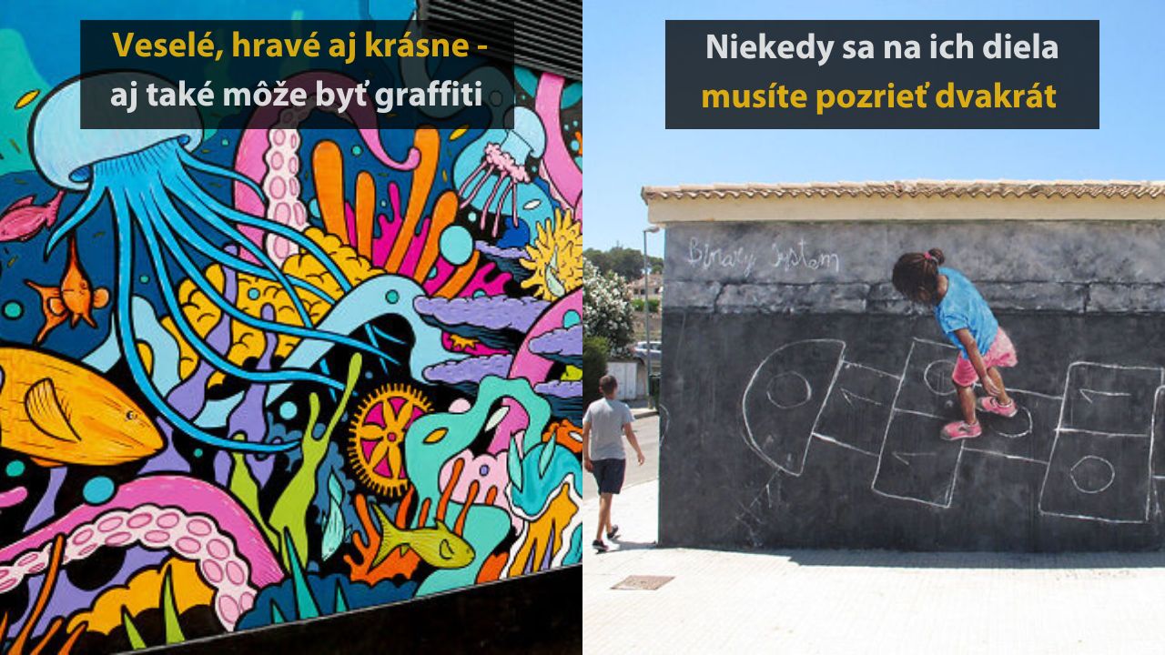 Farebné graffiti zvierat a dievča hrajúce sa na iluzívnej kresbe na stene, ukazujúce kreativitu ulice.