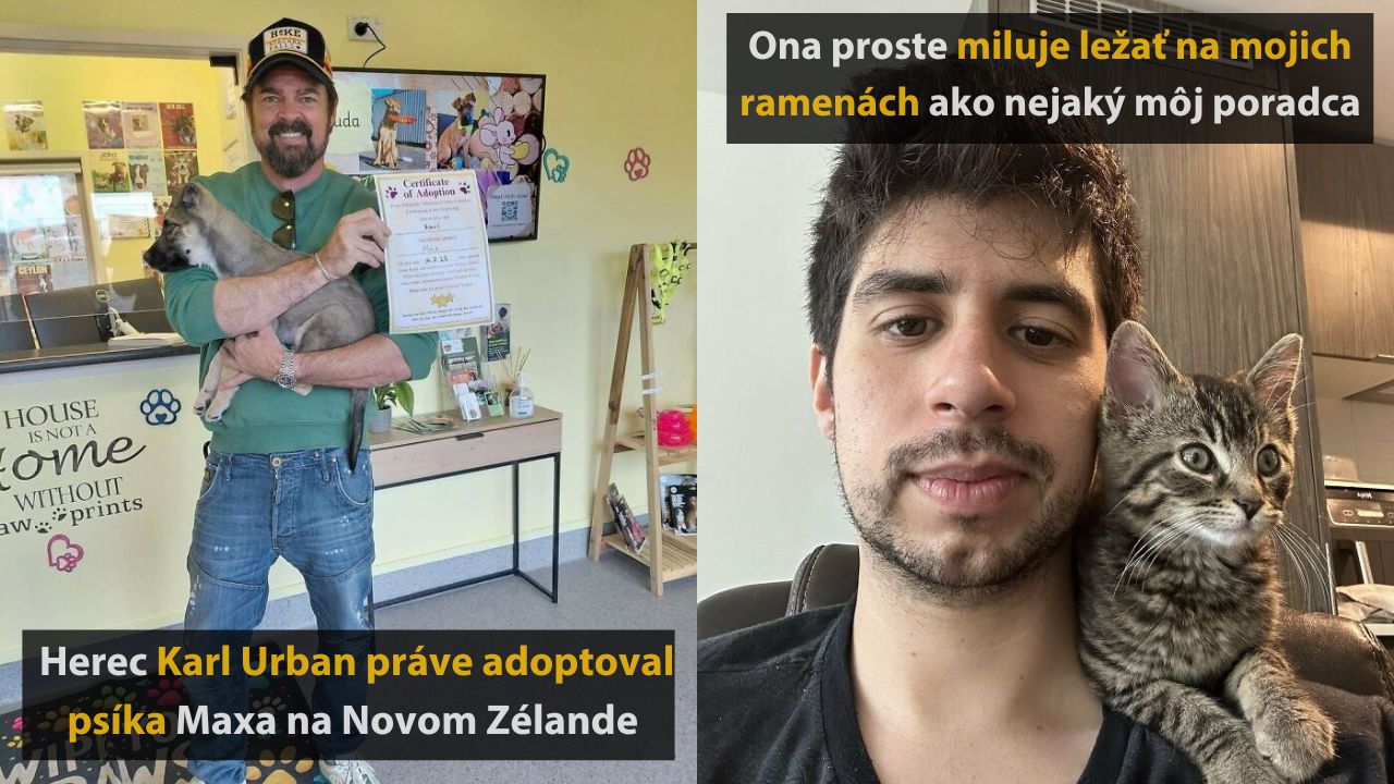 Muž s diplomom adopcie drží psa. Druhý muž s mačkou na pleci doma. Text: Herec adoptoval psíka a mačka na pleci.