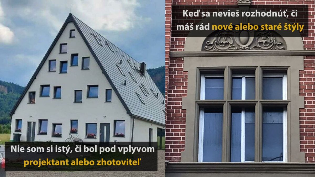 Moderný dom s množstvom okien v kontraste s historickou fasádou; otázka nových verzus starých štýlov.
