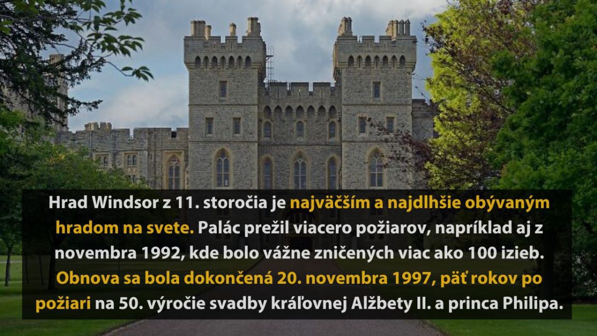 Hrad Windsor z 11. storočia, najväčší a najdlhšie obývaný, zrekonštruovaný po požiari 1992, dokončený 1997.