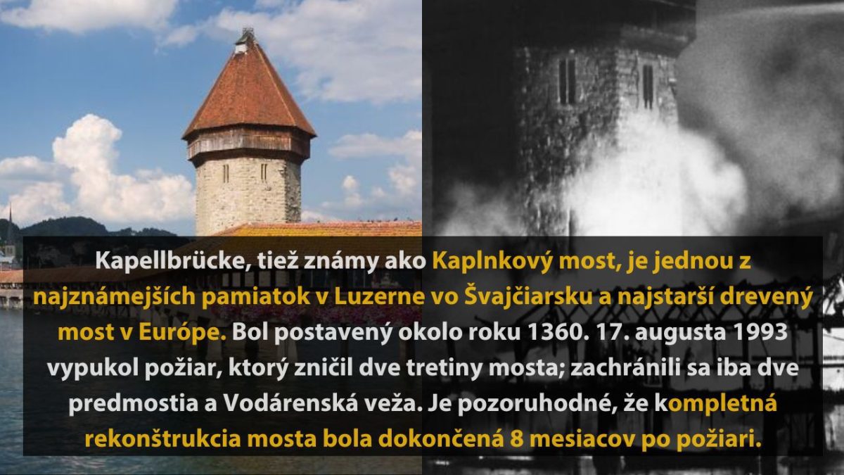 Kaplnkový most v Lucerne, Švajčiarsko, historický drevený most poškodený požiarom v roku 1993, neskôr zrekonštruovaný.