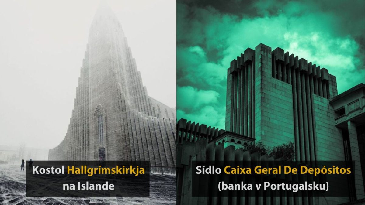 Kostol Hallgrímskirkja na Islande a budova banky Caixa Geral De Depósitos v Portugalsku v kontraste.