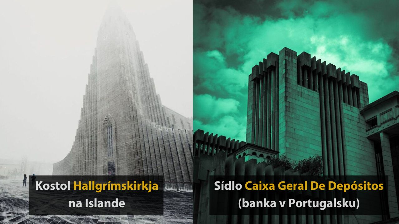 Kostol Hallgrímskirkja na Islande a budova banky Caixa Geral De Depósitos v Portugalsku v kontraste.