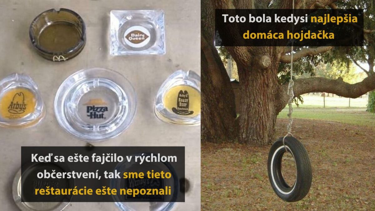 Staré popolníky z fastfoodov, nostalgická spomienka a domáca hojdačka z pneumatiky pod stromom.