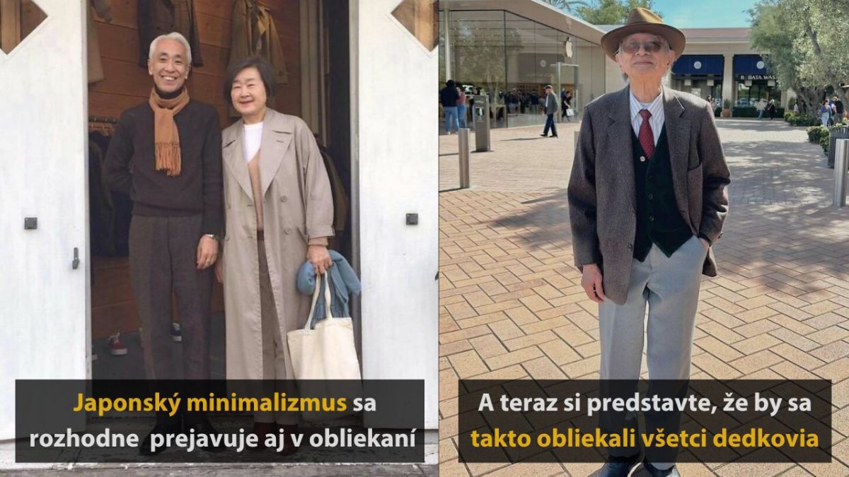 Starší muž a žena v minimalistickom oblečení, vedľa starší muž v štýlovom obleku a klobúku za slnečného dňa.