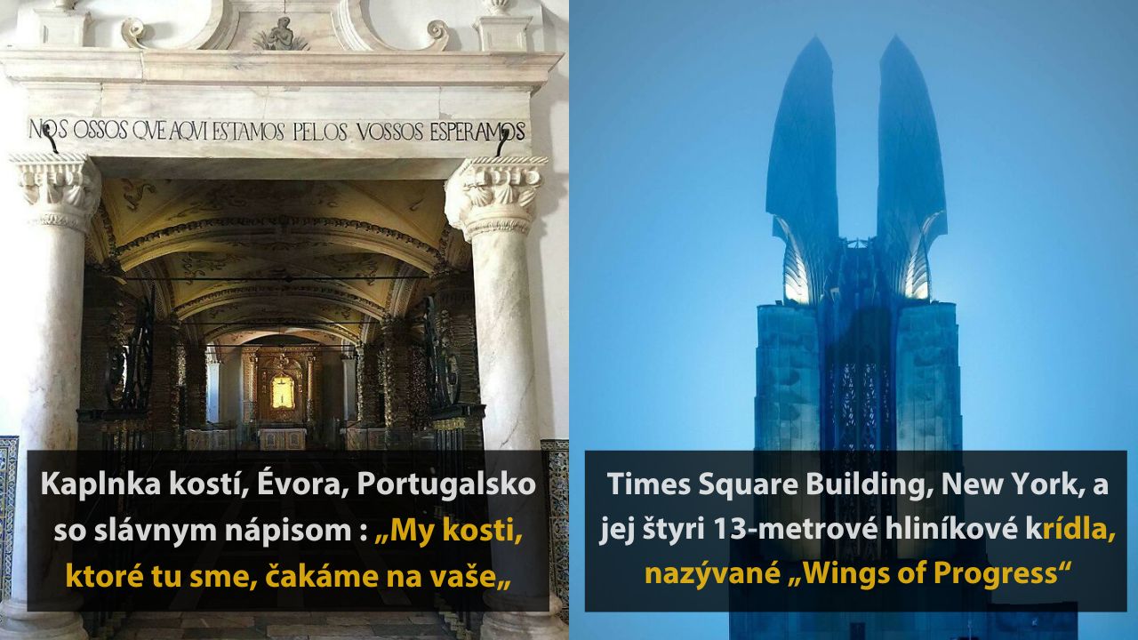 Kaplnka kostí v Évora a Times Square Building s krídlami v New Yorku - historické a architektonické ikony.