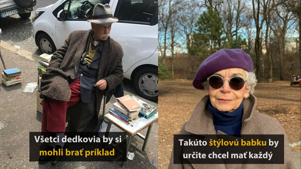 Starší pán s knihami na trhu a elegantná žena v parku, ukážka nadčasového štýlu a charakteru.