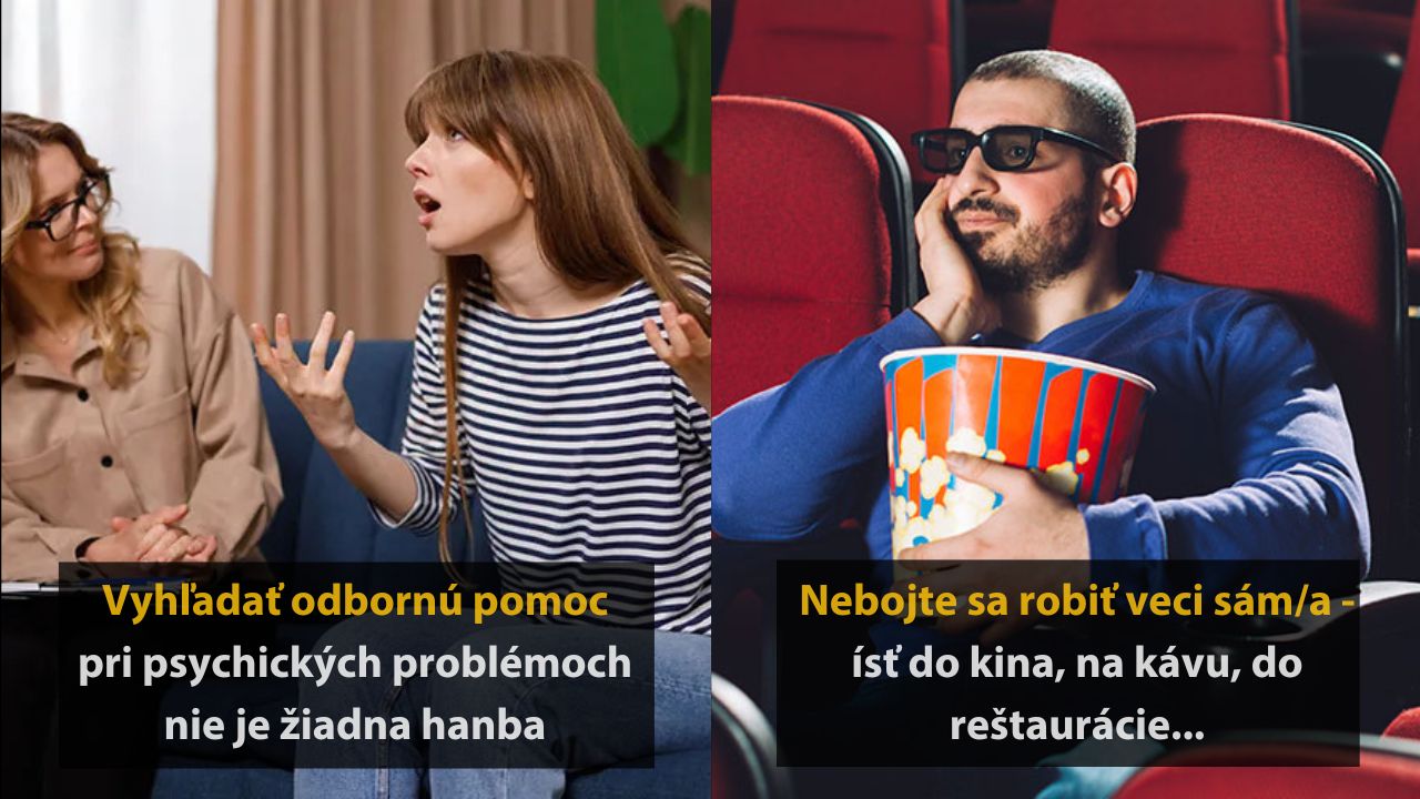 Žena diskutuje s odborníkom, muž v kine s popcornom. Text o vyhľadávaní pomoci a sebestačnosti.