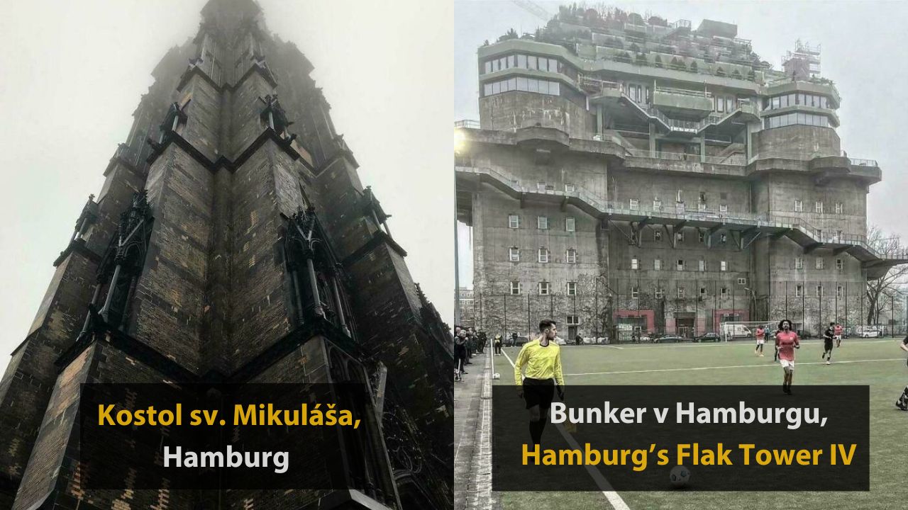 Kostol sv. Mikuláša a bunker v Hamburgu počas hmly a športového podujatia na ihrisku.