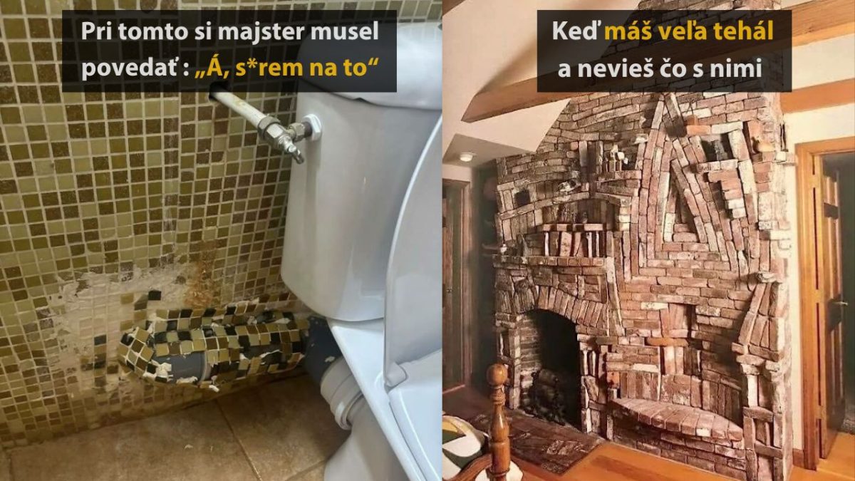 Nevydarené opravy: zle položené dlaždice pri WC a chaoticky vyložená stena z tehál v interiéri.