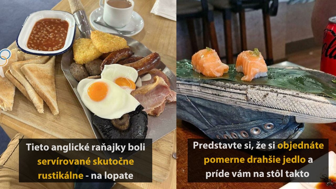 Raňajky s anglickými špecialitami na lopate a losos na podrážke topánky v reštaurácii.