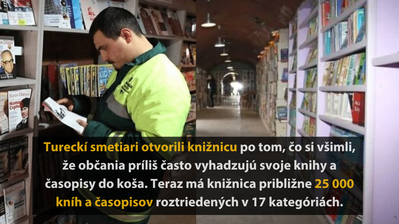 Muž v knižnici číta knihu, police plné knih a časopisov. Tureckí smetiari otvorili verejnú knižnicu.