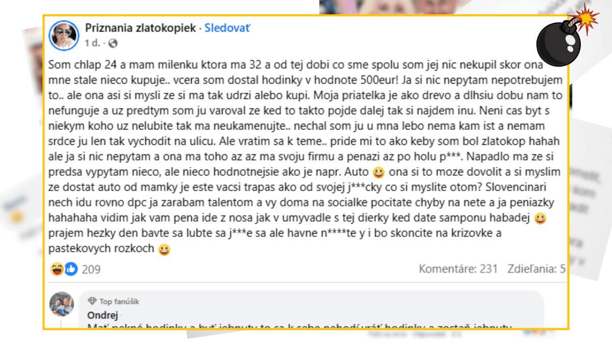 Textový príspevok o vzťahu mladého muža so staršou partnerkou a daroch, ktoré od nej dostáva.