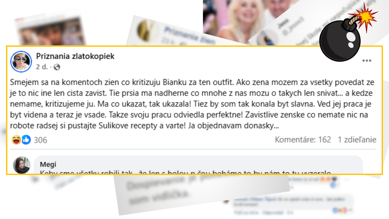 Sociálny príspevok o kritike ženského outfitu a reakcii na závisť. Výzva na zameranie sa na vlastné projekty.