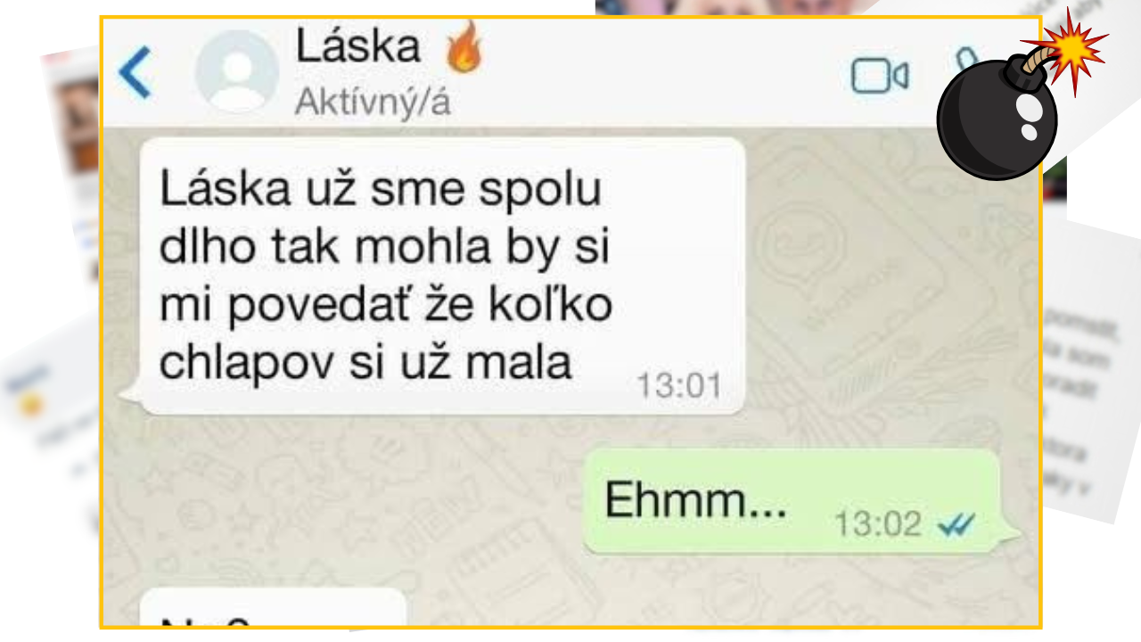 SMS rozhovor medzi partnermi, otázka o počte predošlých vzťahov, odpoveď Ehmm....