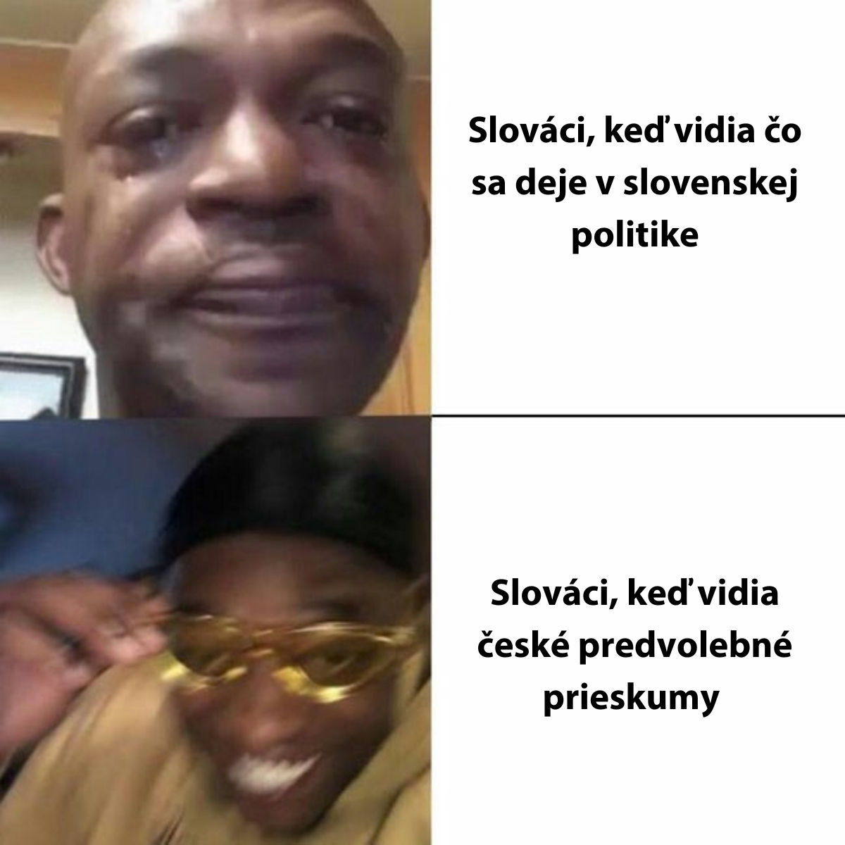 Dvojdielny meme s reakciami Slovákov na slovenskú politiku a české predvolebné prieskumy s humornými výrazmi.
