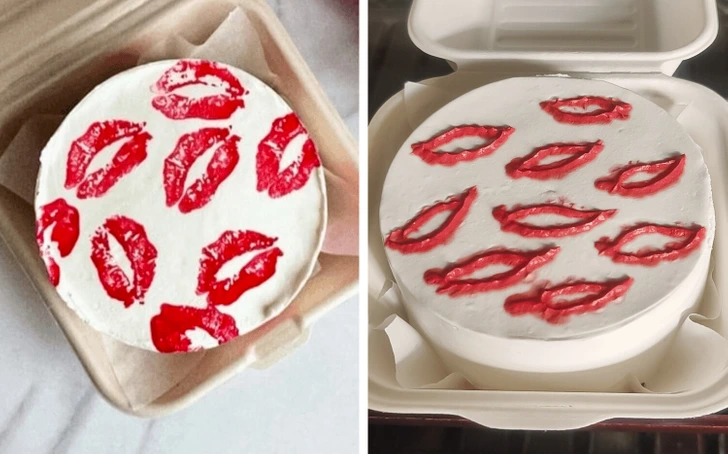 Dva koláče s dekoráciou červených otlačkov pier v otvorených krabičkách pripravené na servírovanie.