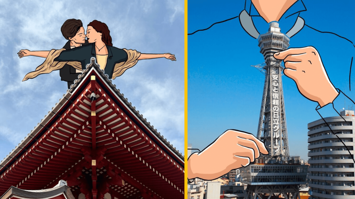 Ilustrácia dvoch postáv na streche pagody a veži, s modrou oblohou v pozadí.