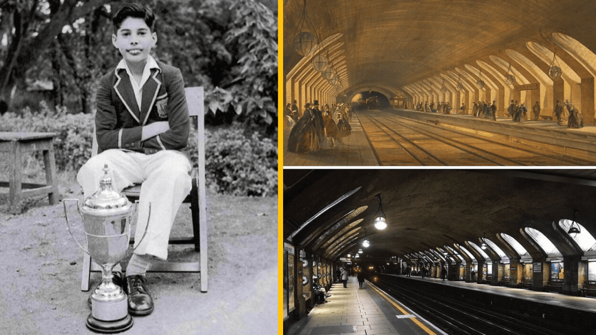 Chlapec vo vestníku s trofejou, historická a moderná stanica metra s klenutým stropom.