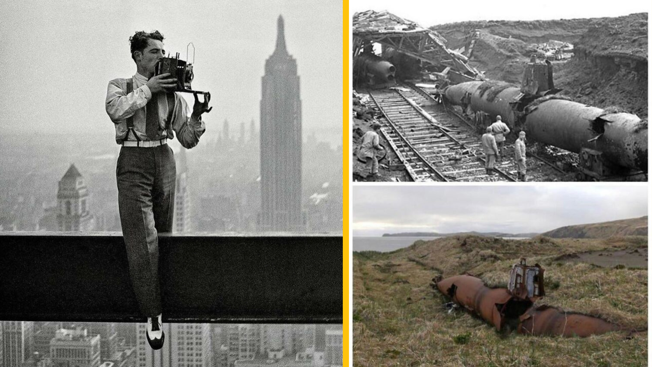 Fotograf na nebezpečnej výškovej konštrukcii Manhattan; vojnový vrak ponorky na železnici a v prírode.