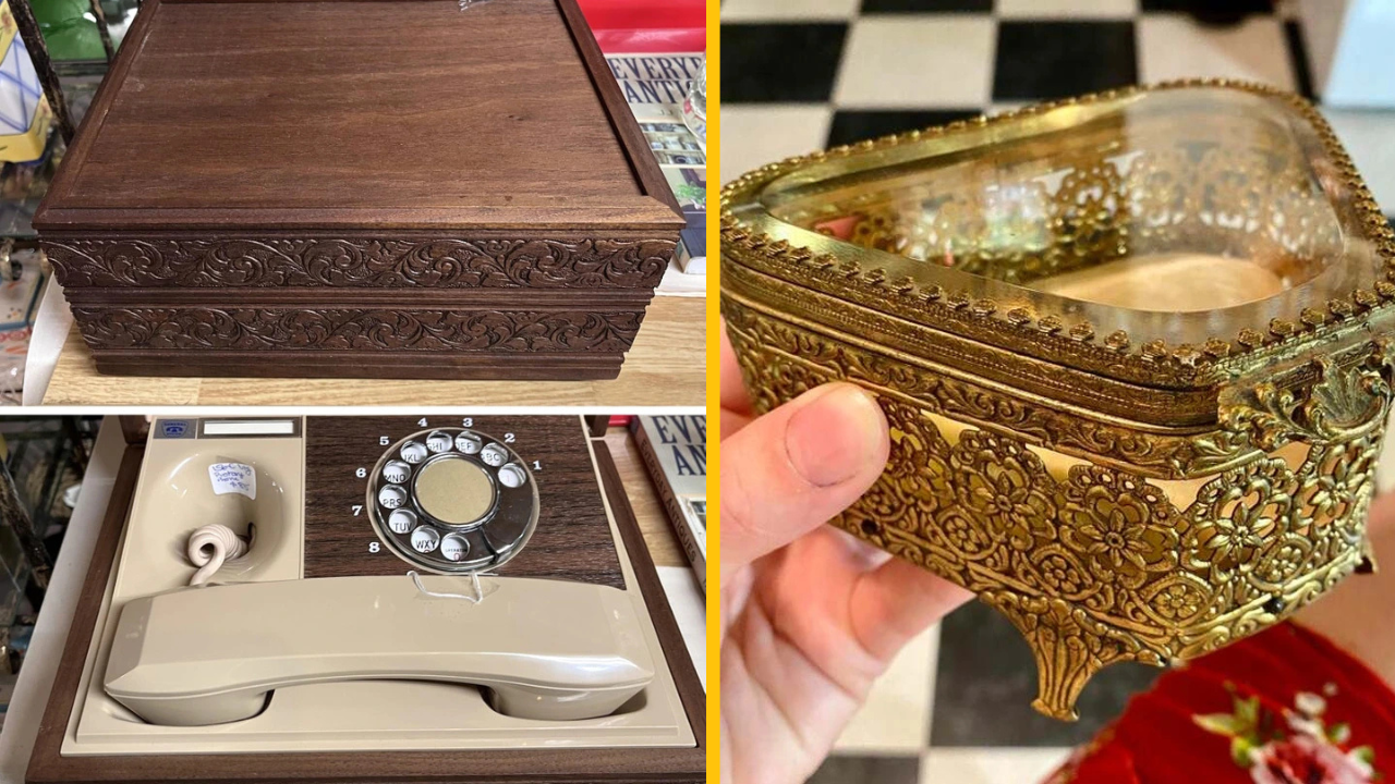 Drevená krabica s vyrezávaným vzorom, starožitný telefón a zdobená zlatá šperkovnica s priehľadným viečkom.