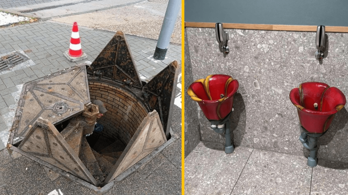 Kanalizačný poklop a originálne umývadlá v tvare kvetov v interiéri.