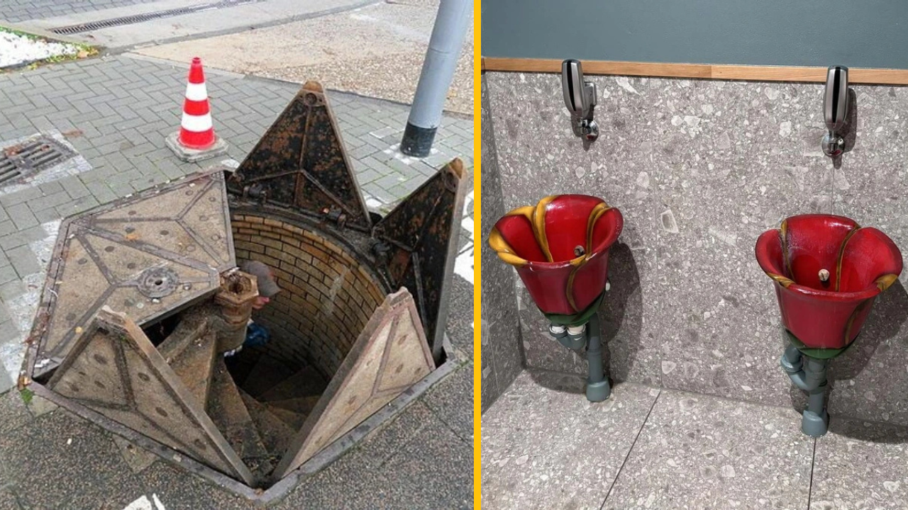 Kanalizačný poklop a originálne umývadlá v tvare kvetov v interiéri.