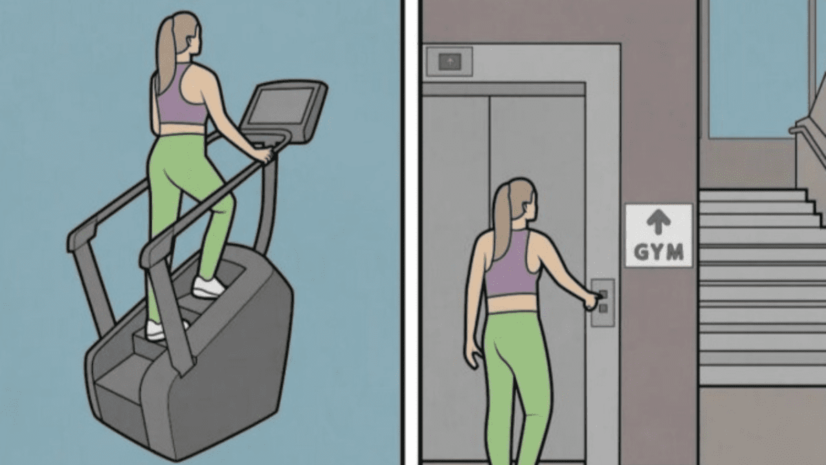 Žena cvičí na stepperi, no ide výťahom do posilňovne. Výber pohodlia pred kondíciou.